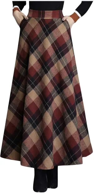Women's Pleated Plaid Skirts Vintage High Waist A-Line Long Skirt Fleece Winter Fall Casual Business Tartan Midi Skirt