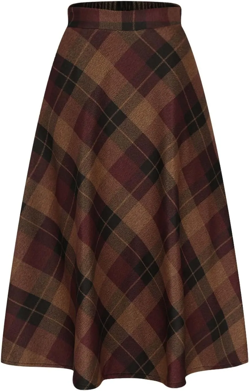 Women's Pleated Plaid Skirts Vintage High Waist A-Line Long Skirt Fleece Winter Fall Casual Business Tartan Midi Skirt