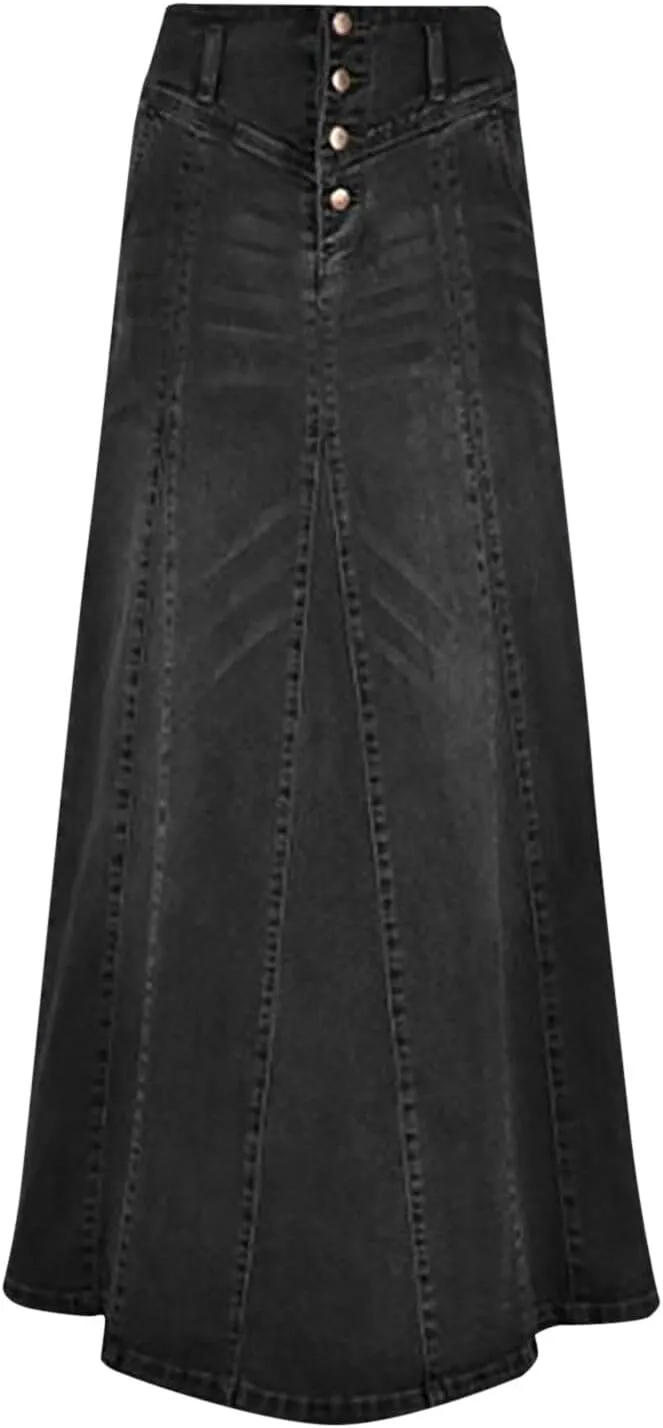 Women's Retro Exposure Button Fly Packaged Hip A Line Maxi Long Denim Skirt Skirts for Women Trendy