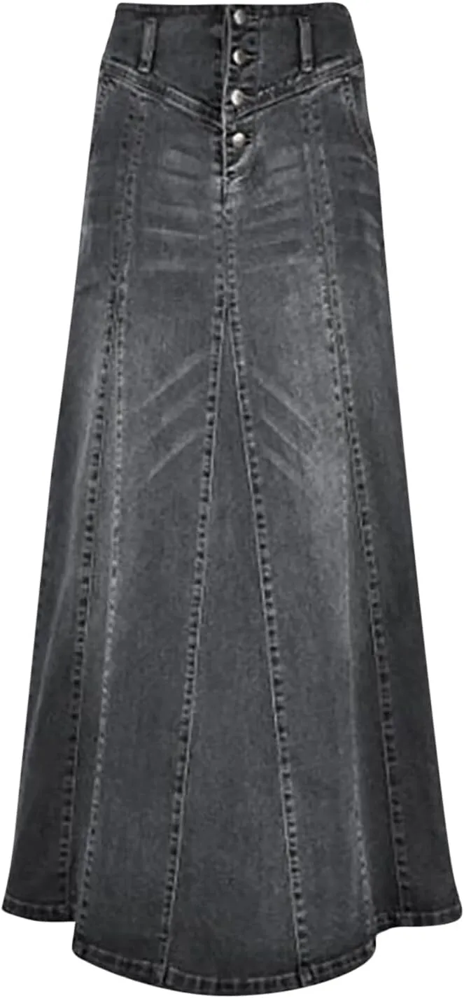 Women's Retro Exposure Button Fly Packaged Hip A Line Maxi Long Denim Skirt Skirts for Women Trendy
