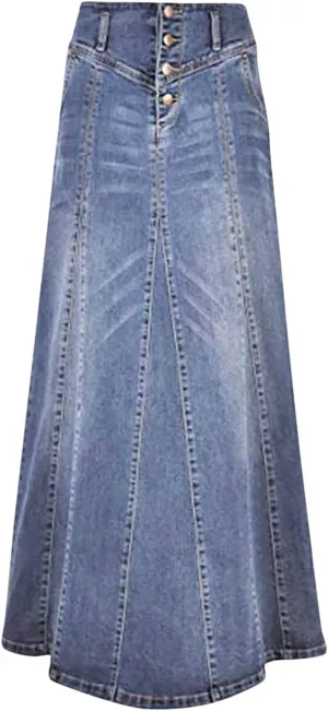 Women's Retro Exposure Button Fly Packaged Hip A Line Maxi Long Denim Skirt Skirts for Women Trendy