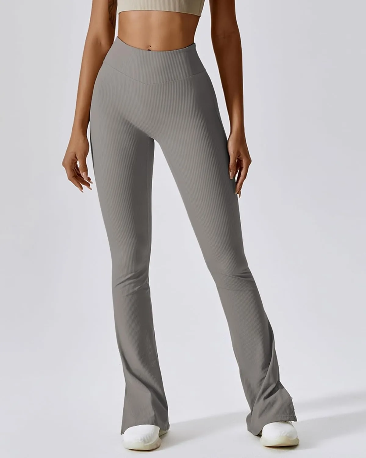 Womens Ribbed Flared Leggings Slit Hem High Waist Bootcut Yoga Pants Workout Bootleg Pants