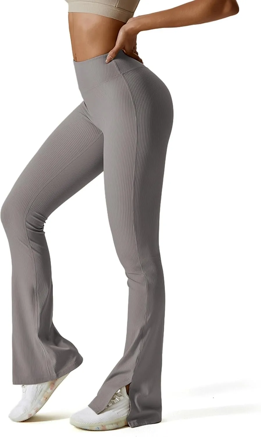 Womens Ribbed Flared Leggings Slit Hem High Waist Bootcut Yoga Pants Workout Bootleg Pants