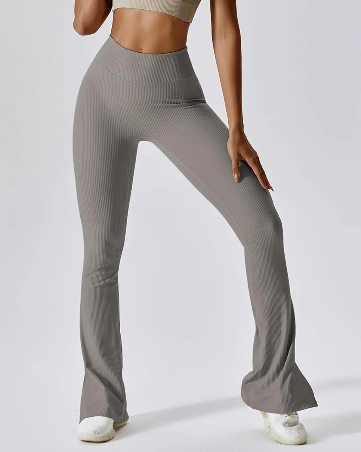 Womens Ribbed Flared Leggings Slit Hem High Waist Bootcut Yoga Pants Workout Bootleg Pants