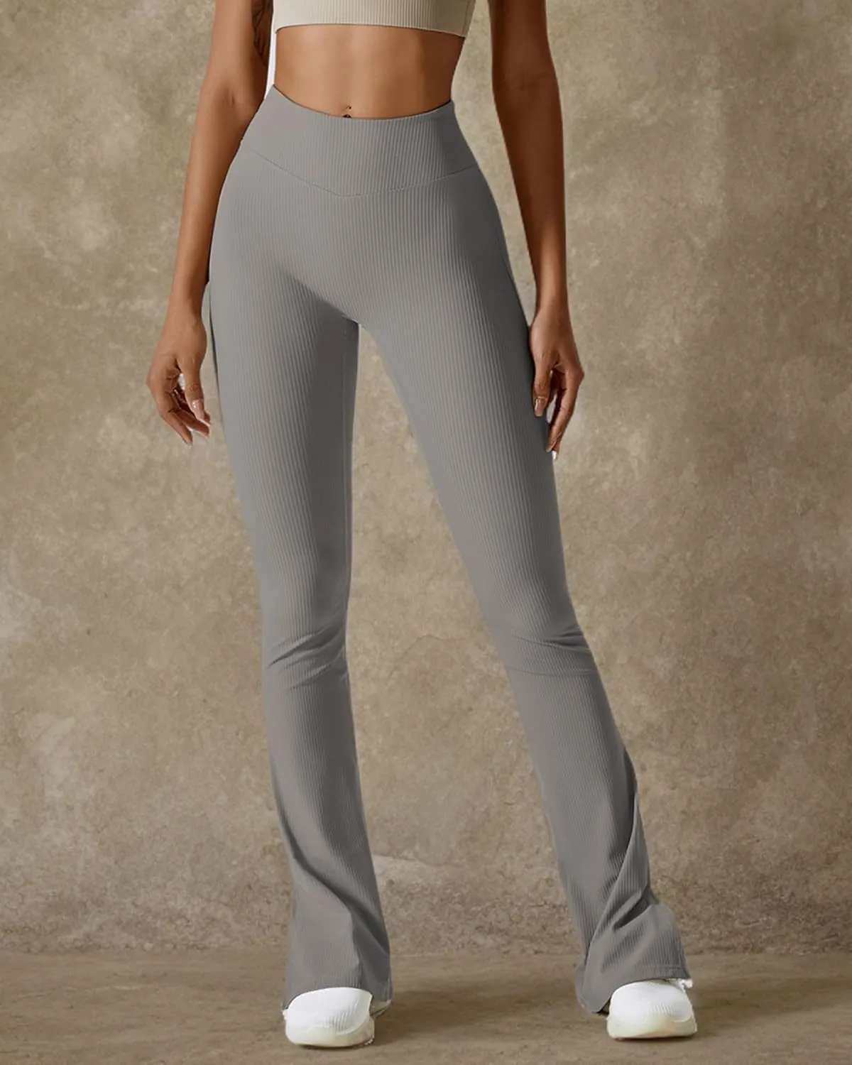 Womens Ribbed Flared Leggings Slit Hem High Waist Bootcut Yoga Pants Workout Bootleg Pants