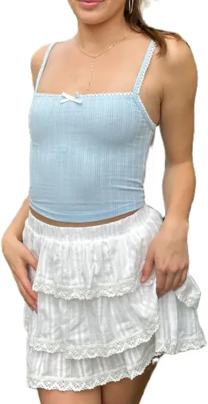 Women's Spaghetti Strap Square Neck Pointelle Knitted Camisole Crop Top Lace Trim Girly Cutecore Tank Vest