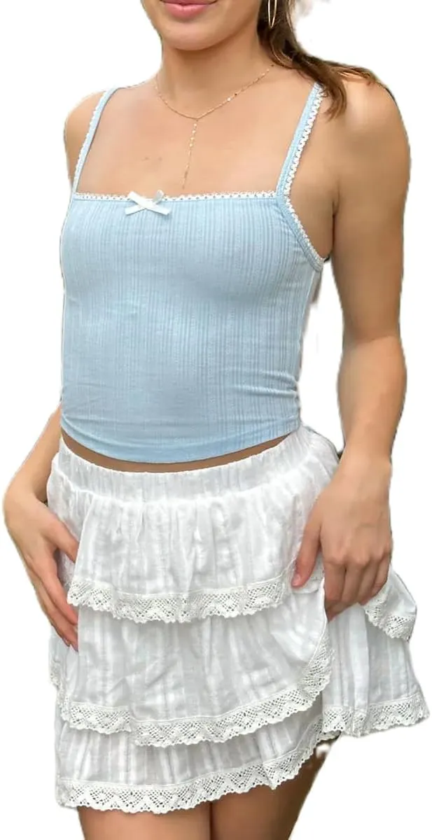 Women's Spaghetti Strap Square Neck Pointelle Knitted Camisole Crop Top Lace Trim Girly Cutecore Tank Vest