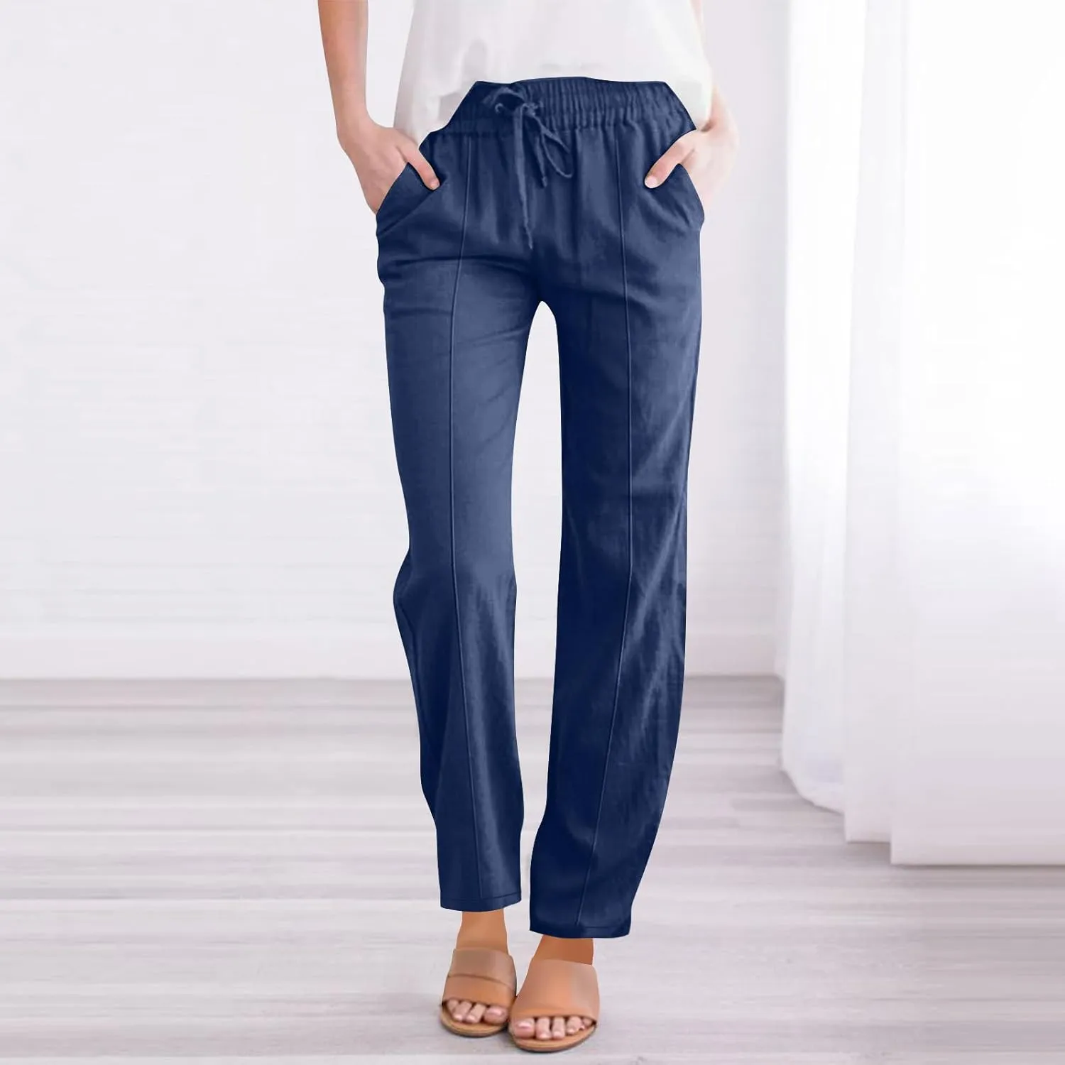 Women's Straight Leg Pants Cotton Linen Blend Casual Trousers with Tie Waist for Spring Solid Color High Waist 2025
