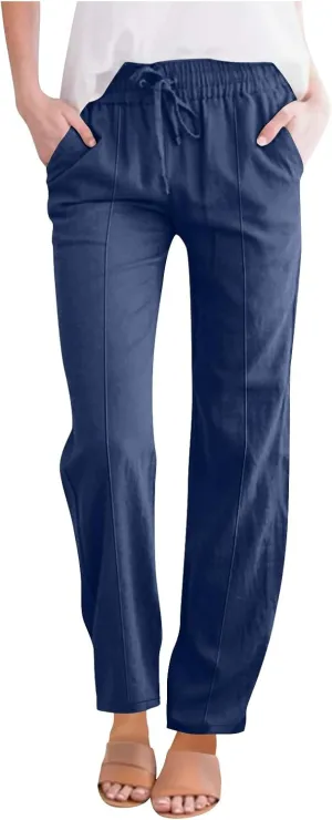 Women's Straight Leg Pants Cotton Linen Blend Casual Trousers with Tie Waist for Spring Solid Color High Waist 2025
