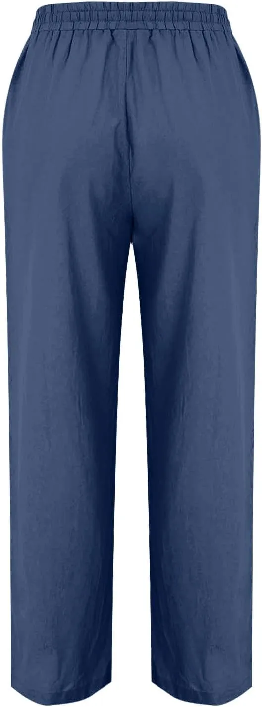 Women's Straight Leg Pants Cotton Linen Blend Casual Trousers with Tie Waist for Spring Solid Color High Waist 2025