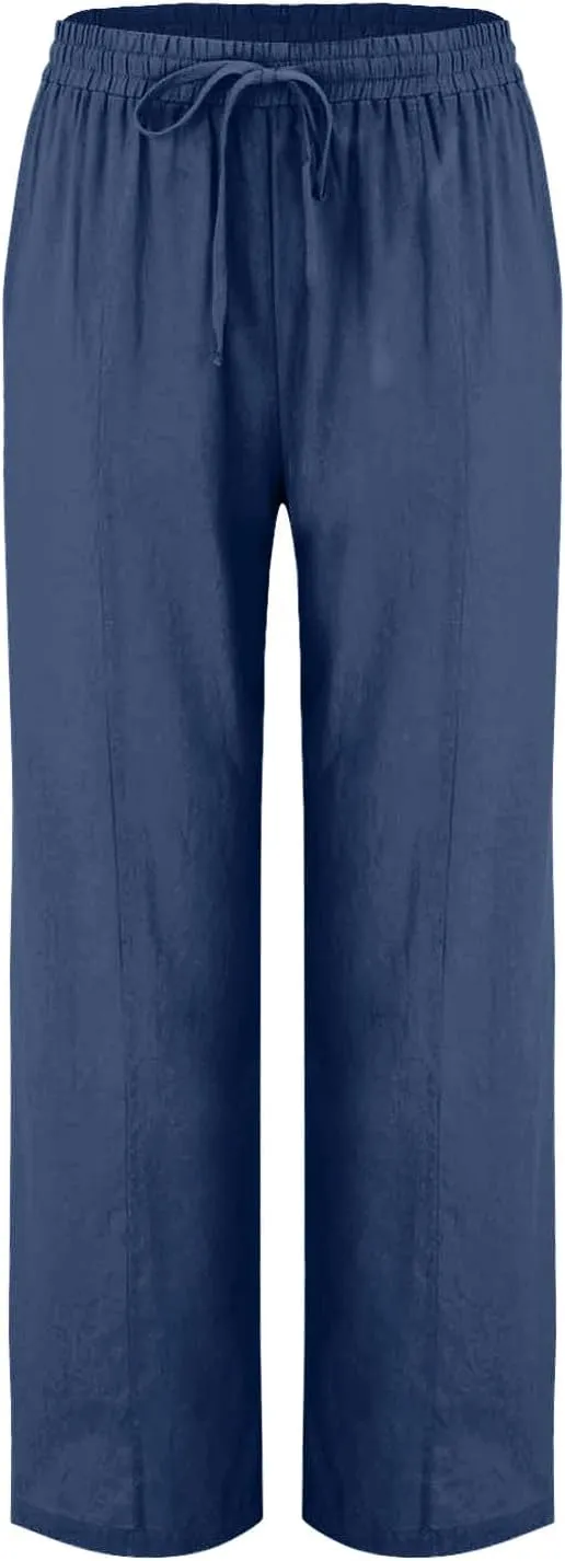 Women's Straight Leg Pants Cotton Linen Blend Casual Trousers with Tie Waist for Spring Solid Color High Waist 2025