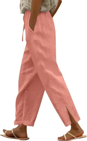 Women's Summer Long Solid Color Cotton Linen Straight Leg Loose Casual Pants Pants with Pockets Summer