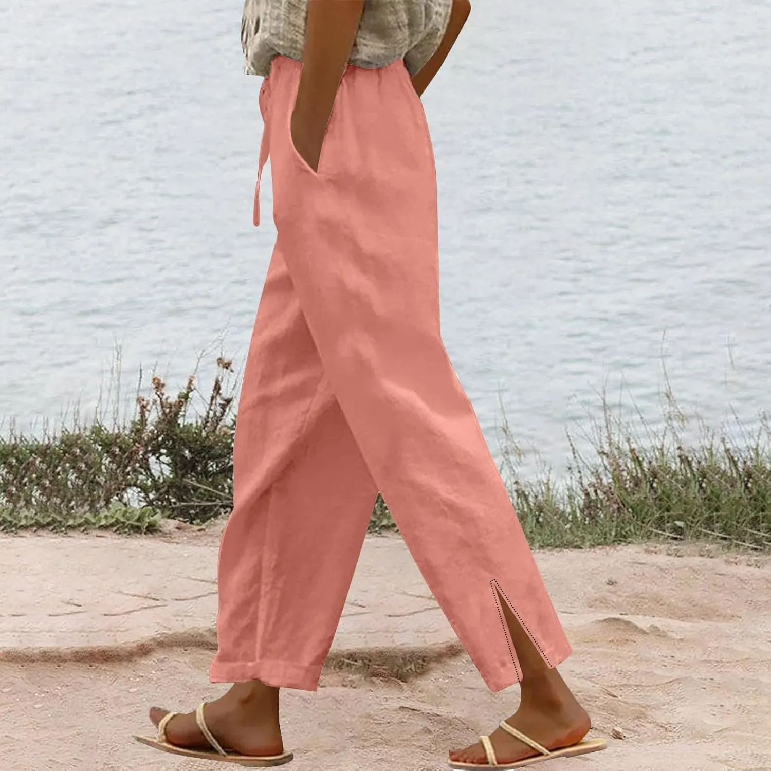 Women's Summer Long Solid Color Cotton Linen Straight Leg Loose Casual Pants Pants with Pockets Summer