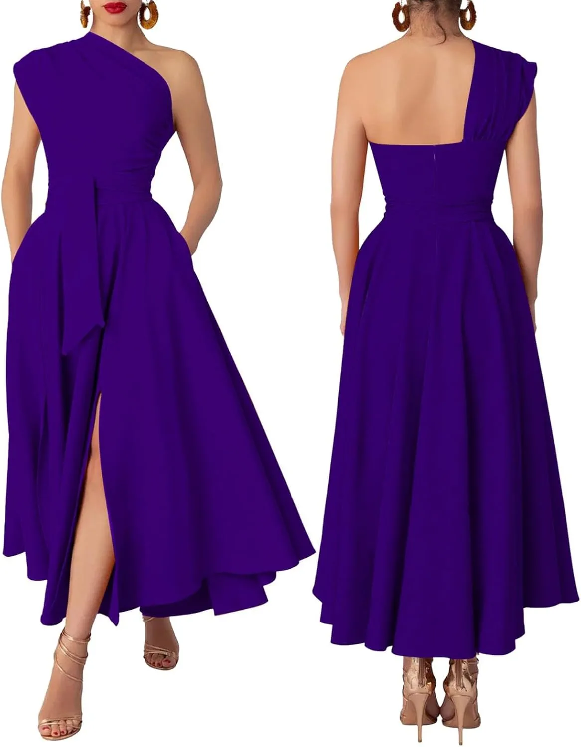 Womens Summer Sleeveless Maxi Dress One Shoulder Casual Flowy Swing Split Dresses with Belt