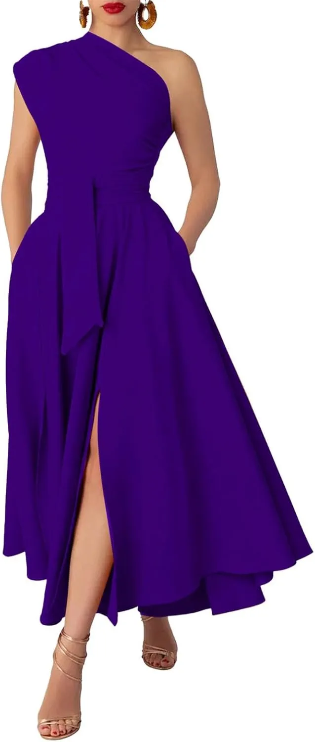 Womens Summer Sleeveless Maxi Dress One Shoulder Casual Flowy Swing Split Dresses with Belt