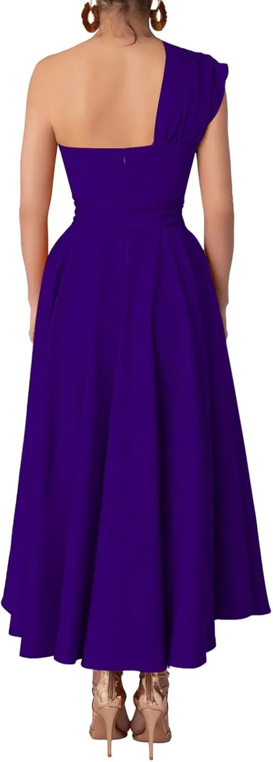 Womens Summer Sleeveless Maxi Dress One Shoulder Casual Flowy Swing Split Dresses with Belt
