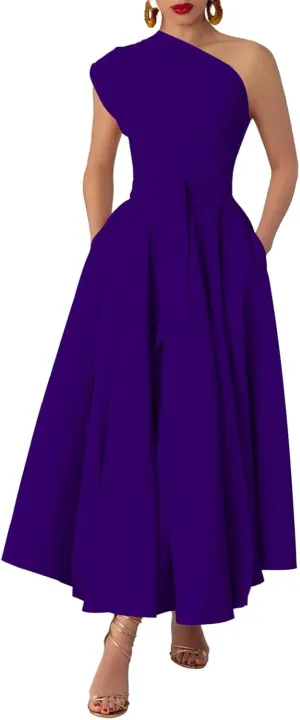 Womens Summer Sleeveless Maxi Dress One Shoulder Casual Flowy Swing Split Dresses with Belt