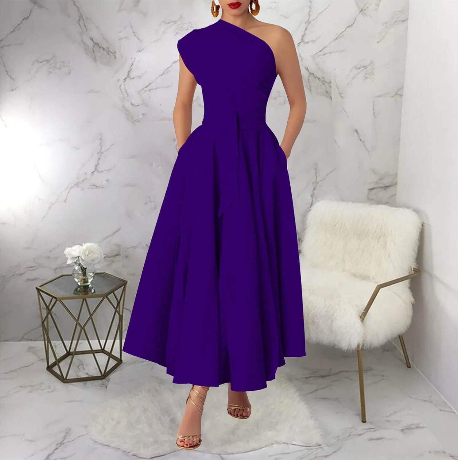 Womens Summer Sleeveless Maxi Dress One Shoulder Casual Flowy Swing Split Dresses with Belt