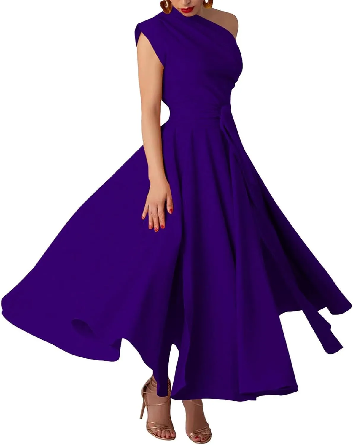 Womens Summer Sleeveless Maxi Dress One Shoulder Casual Flowy Swing Split Dresses with Belt