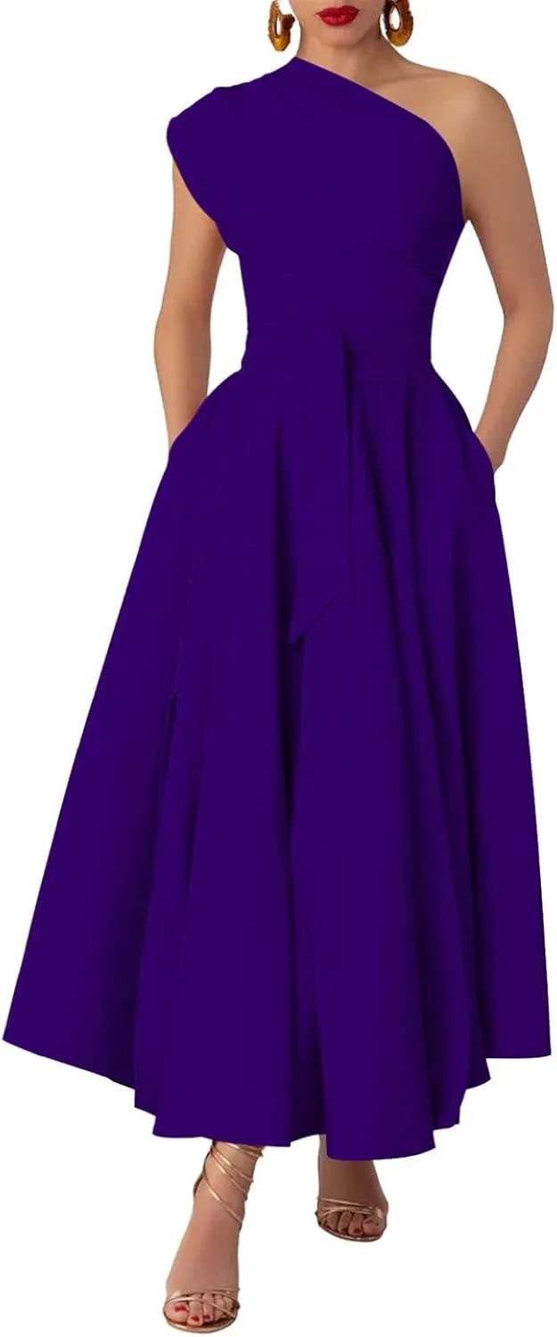 Womens Summer Sleeveless Maxi Dress One Shoulder Casual Flowy Swing Split Dresses with Belt