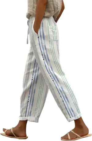Women's Trendy Linen Pants Loose Drawstring Elastic Waist Wide Leg Pants Summer Beach Printed Lounge Trousers Pockets