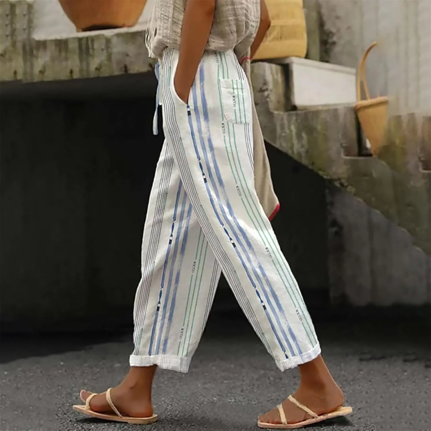 Women's Trendy Linen Pants Loose Drawstring Elastic Waist Wide Leg Pants Summer Beach Printed Lounge Trousers Pockets