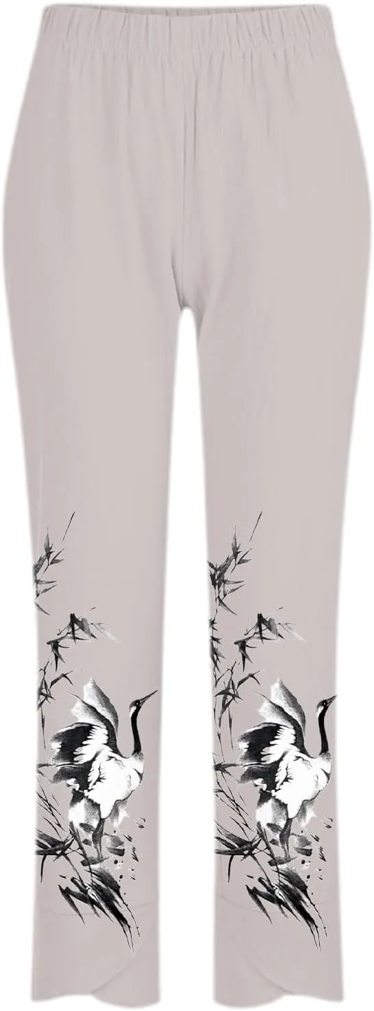 Womens Vacation Outfits Casual Summer Printed Oversized Pants Elastic High Waist Baggy Lounge Comfy Trousers with Pockets