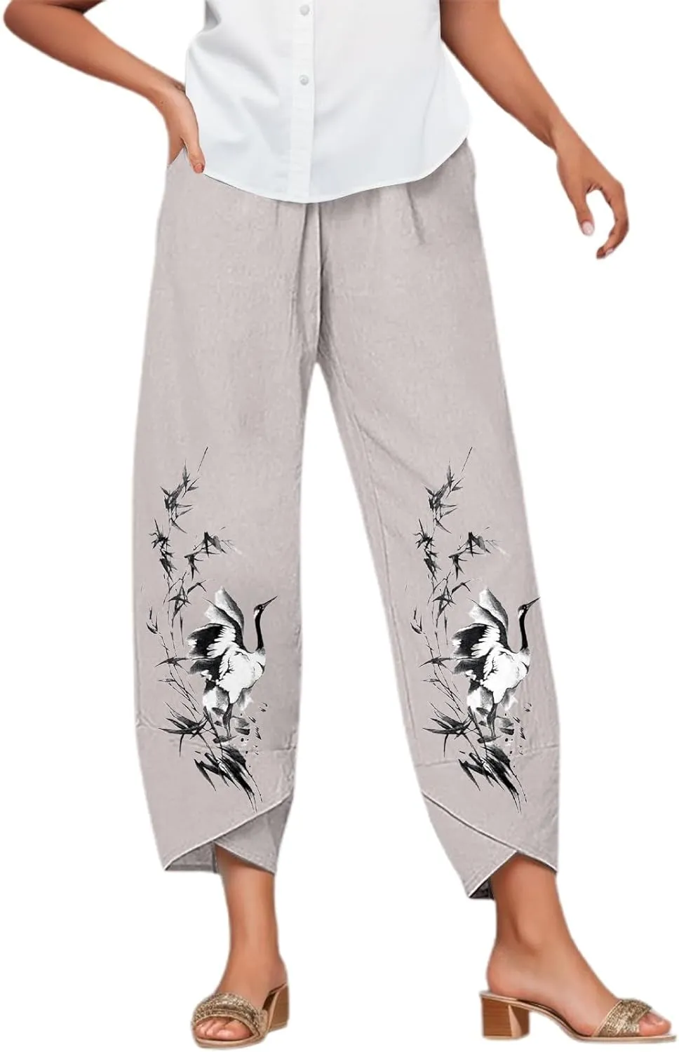 Womens Vacation Outfits Casual Summer Printed Oversized Pants Elastic High Waist Baggy Lounge Comfy Trousers with Pockets