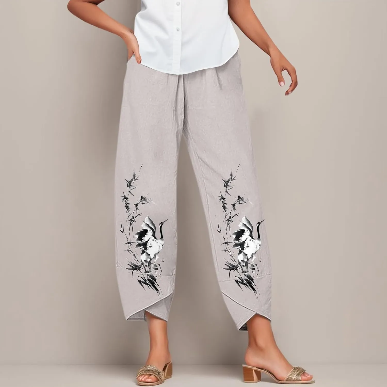 Womens Vacation Outfits Casual Summer Printed Oversized Pants Elastic High Waist Baggy Lounge Comfy Trousers with Pockets