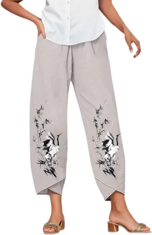 Womens Vacation Outfits Casual Summer Printed Oversized Pants Elastic High Waist Baggy Lounge Comfy Trousers with Pockets