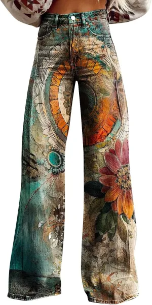 Womens Vintage Wide Leg Pants Fashion High Waisted Casual Denim Pants 90s Floral Printed Pull On Baggy Trousers