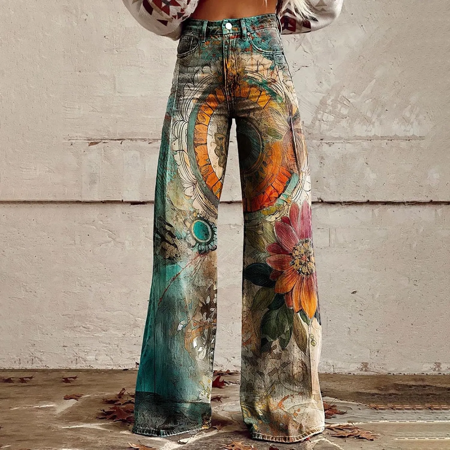 Womens Vintage Wide Leg Pants Fashion High Waisted Casual Denim Pants 90s Floral Printed Pull On Baggy Trousers