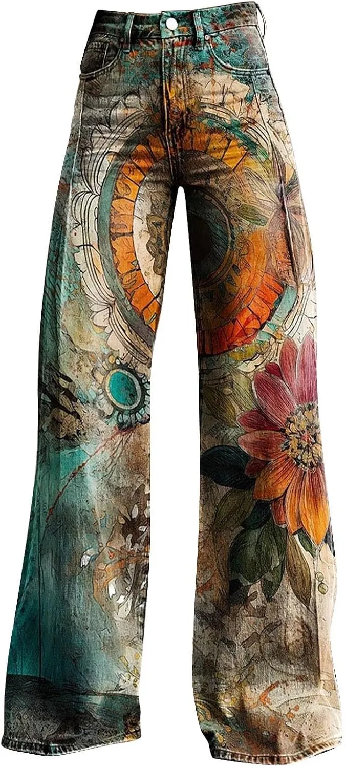 Womens Vintage Wide Leg Pants Fashion High Waisted Casual Denim Pants 90s Floral Printed Pull On Baggy Trousers