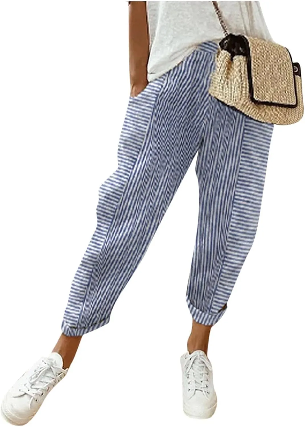 Women's Wide Leg Harem Pants Baggy Lounge Linen Elastic Waist Joggers Patchwork Straight Trousers with Pockets