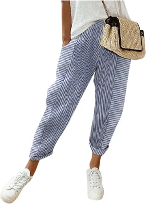 Women's Wide Leg Harem Pants Baggy Lounge Linen Elastic Waist Joggers Patchwork Straight Trousers with Pockets