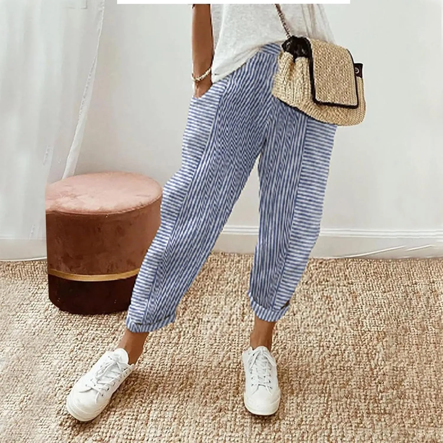 Women's Wide Leg Harem Pants Baggy Lounge Linen Elastic Waist Joggers Patchwork Straight Trousers with Pockets