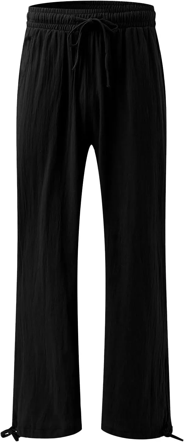 Womens Wide Leg Palazzo Pants High Waisted Adjustable Linen Flowy Trousers Casual Loose Lounge Pant with Pockets