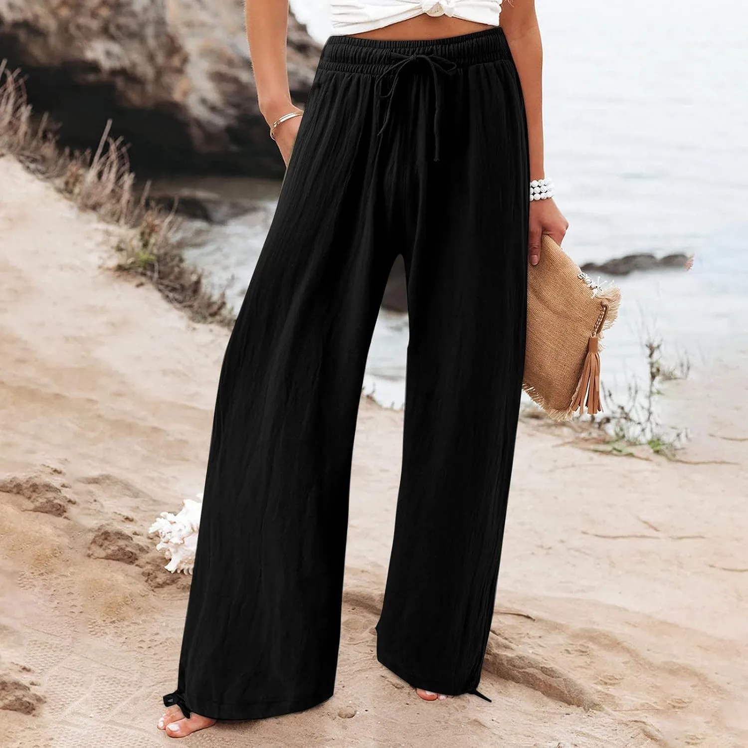 Womens Wide Leg Palazzo Pants High Waisted Adjustable Linen Flowy Trousers Casual Loose Lounge Pant with Pockets