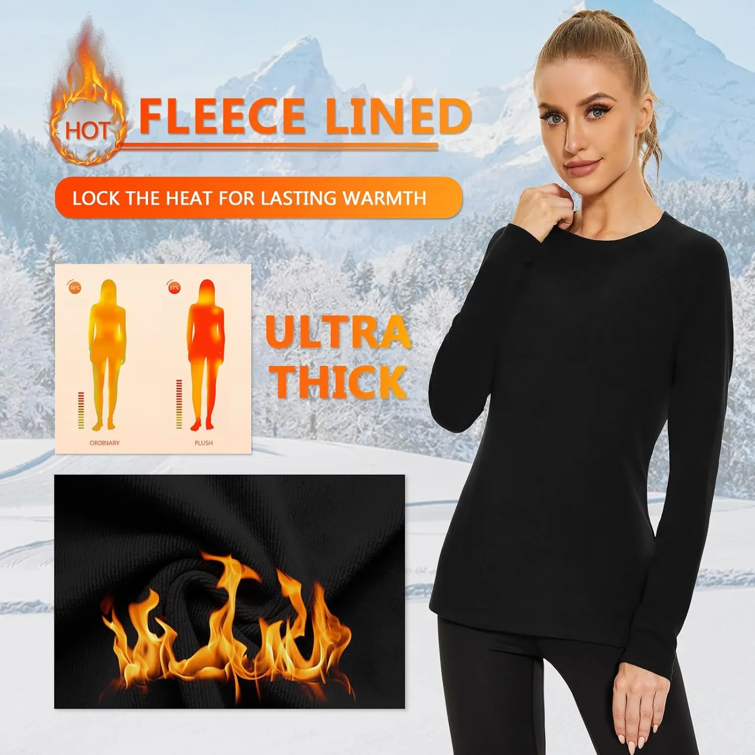 WOWENY Thermal Shirts for Women Base Layer Soft Fleece Lined Long Sleeve Top Thermal Underwear Winter Cold Weather