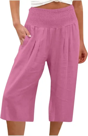 Xiaojmake Womens Linen Capri Pants Casual Cropped Pants Elastic Waist Summer Trousers 3/4 Length Sports Pants with Pockets