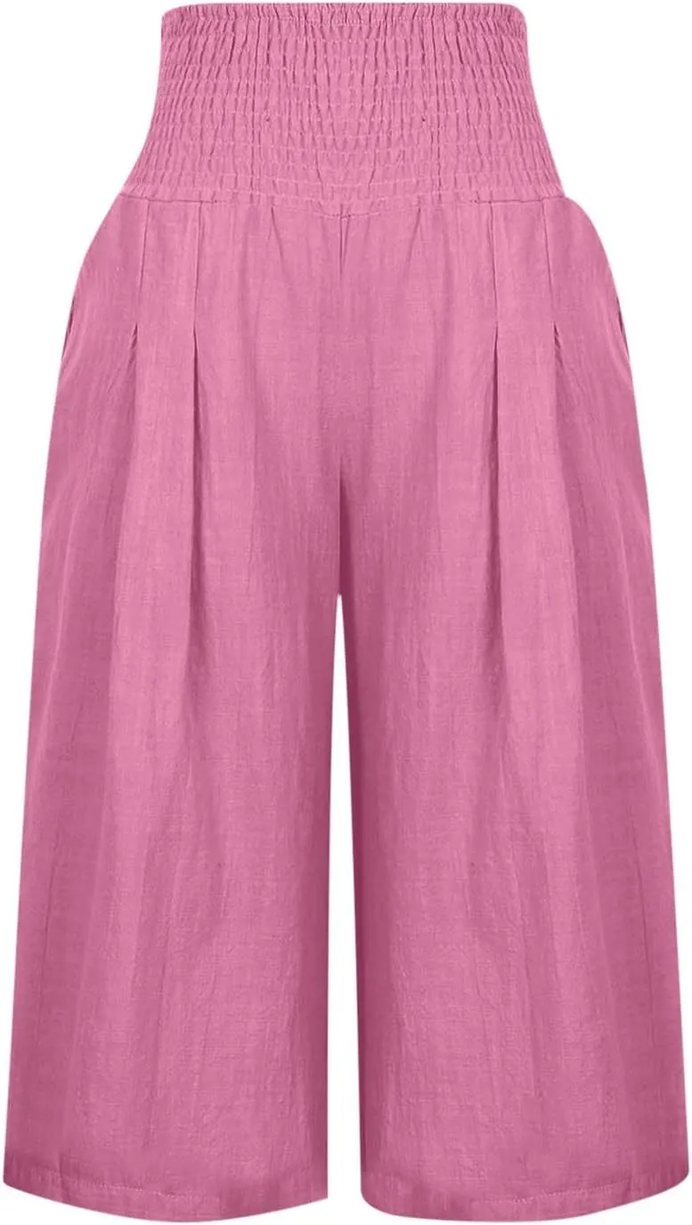 Xiaojmake Womens Linen Capri Pants Casual Cropped Pants Elastic Waist Summer Trousers 3/4 Length Sports Pants with Pockets