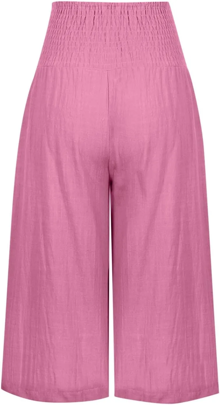 Xiaojmake Womens Linen Capri Pants Casual Cropped Pants Elastic Waist Summer Trousers 3/4 Length Sports Pants with Pockets