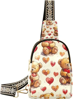 xigua Small Sling Bag for Women Bears and Hearts Fanny Pack Faux Leather Crossbody Bags Lightweight Chest Bag