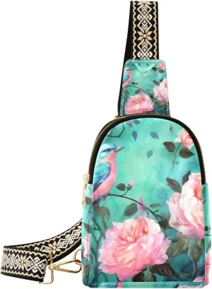 xigua Small Sling Bag for Women Bird Green Fanny Pack Faux Leather Crossbody Bags Lightweight Chest Bag