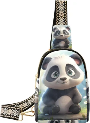 xigua Small Sling Bag for Women Cute Cartoon Panda Fanny Pack Faux Leather Crossbody Bags Lightweight Chest Bag
