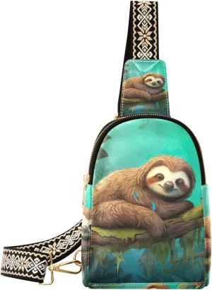 xigua Small Sling Bag for Women Cute Sloth Fanny Pack Faux Leather Crossbody Bags Lightweight Chest Bag