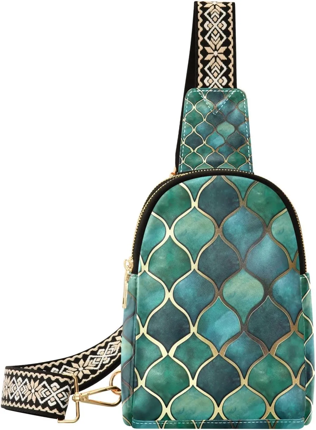 xigua Small Sling Bag for Women Green Scale Pattern Fanny Pack Faux Leather Crossbody Bags Lightweight Chest Bag