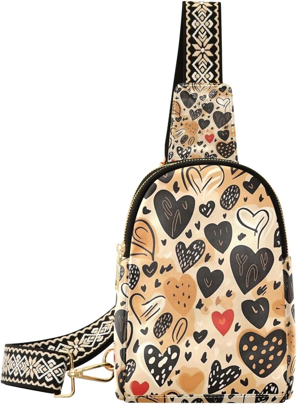 xigua Small Sling Bag for Women Hearts Brown Fanny Pack Faux Leather Crossbody Bags Lightweight Chest Bag
