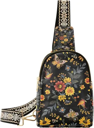 xigua Small Sling Bag for Women Mexican Floral Pattern Fanny Pack Faux Leather Crossbody Bags Lightweight Chest Bag