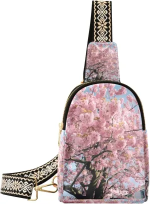 xigua Small Sling Bag for Women Spring Pink Tree Fanny Pack Faux Leather Crossbody Bags Lightweight Chest Bag